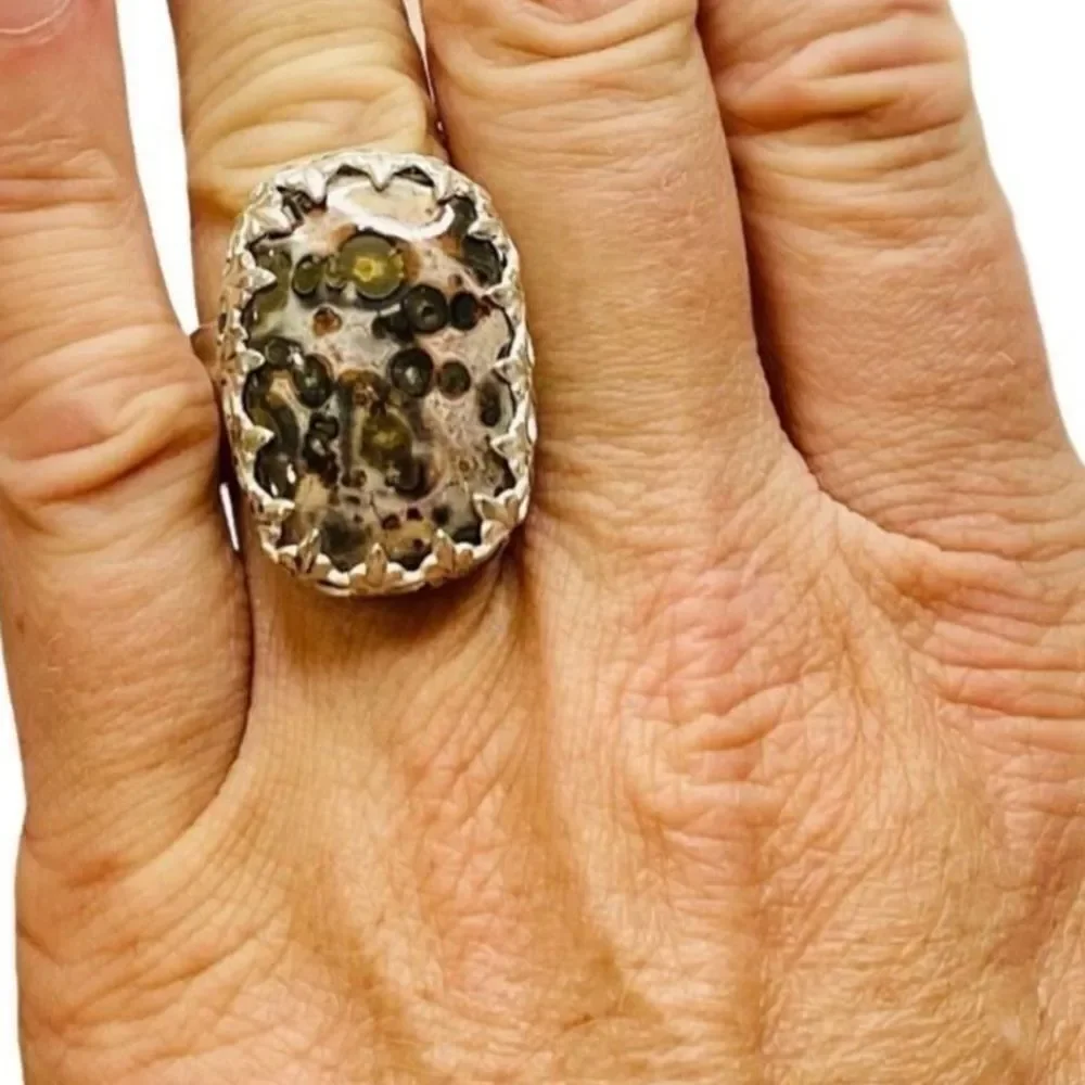 Natural Ocean Jasper Wide Diamond Band Sterling Silver Statement Ring - NEW
